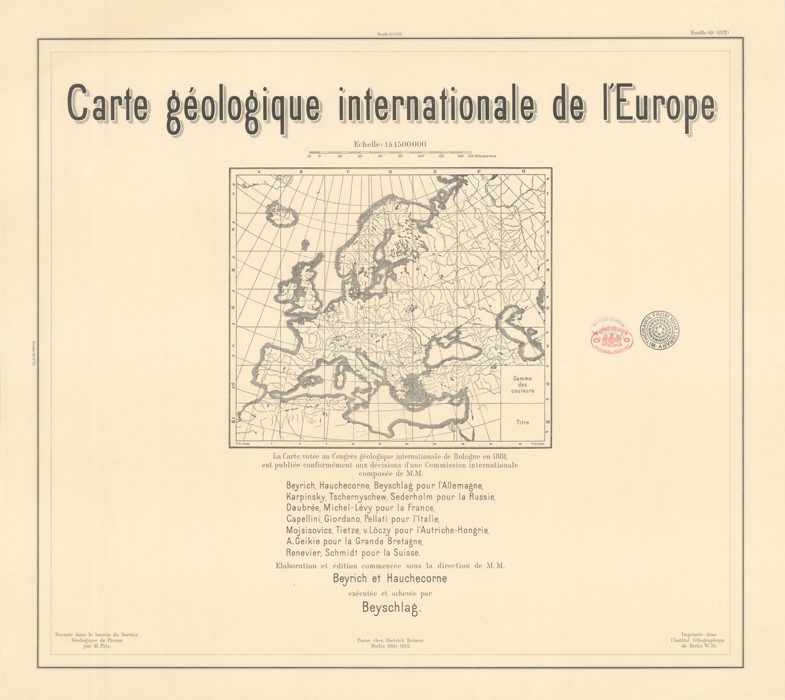 Geological key map Carte Geologique internationale de l'Europe 1913 old